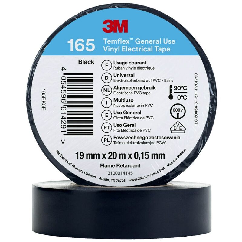 Electrical Tape 3M Temflex 165 Vinyl 19mm x 20m Black