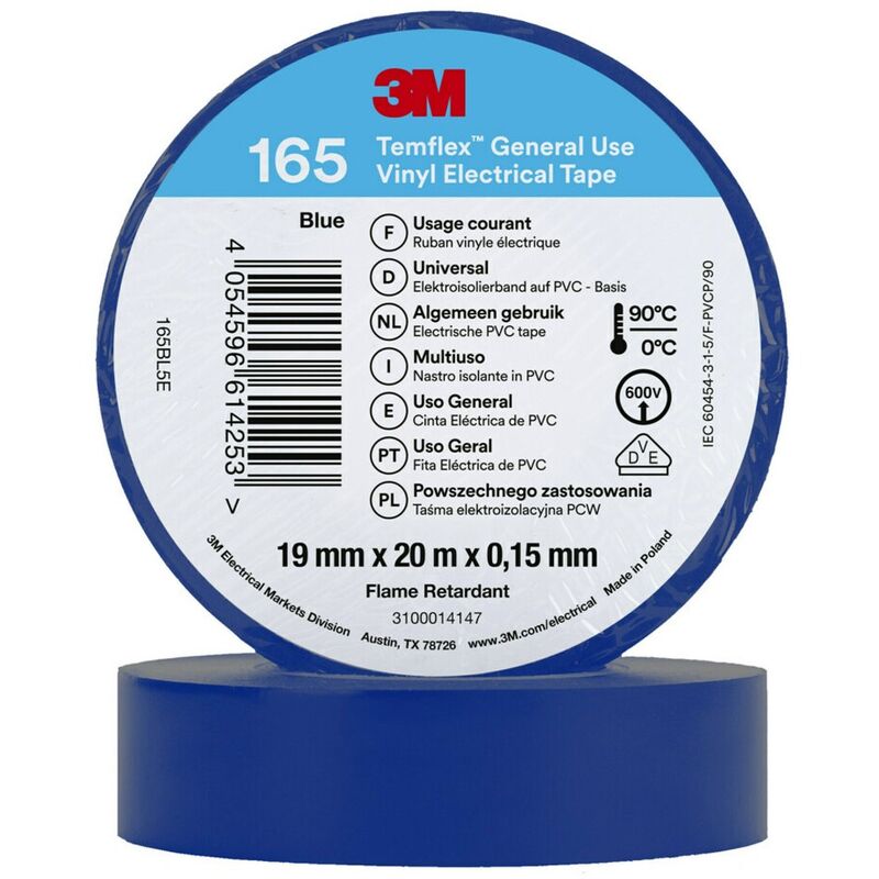 Electrical Tape 3M Temflex 165 Vinyl 19mm x 20m Blue