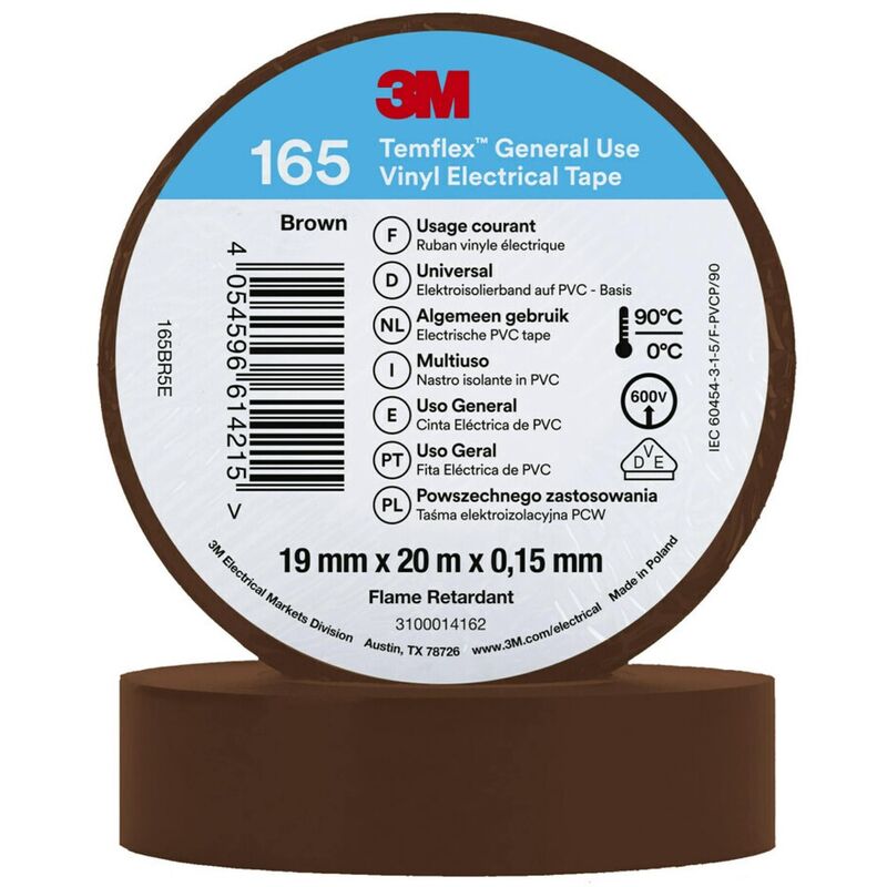 Electrical Tape 3M Temflex 165 Vinyl 19mm x 20m Brown