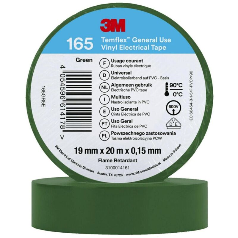 Electrical Tape 3M Temflex 165 Vinyl 19mm x 20m Green