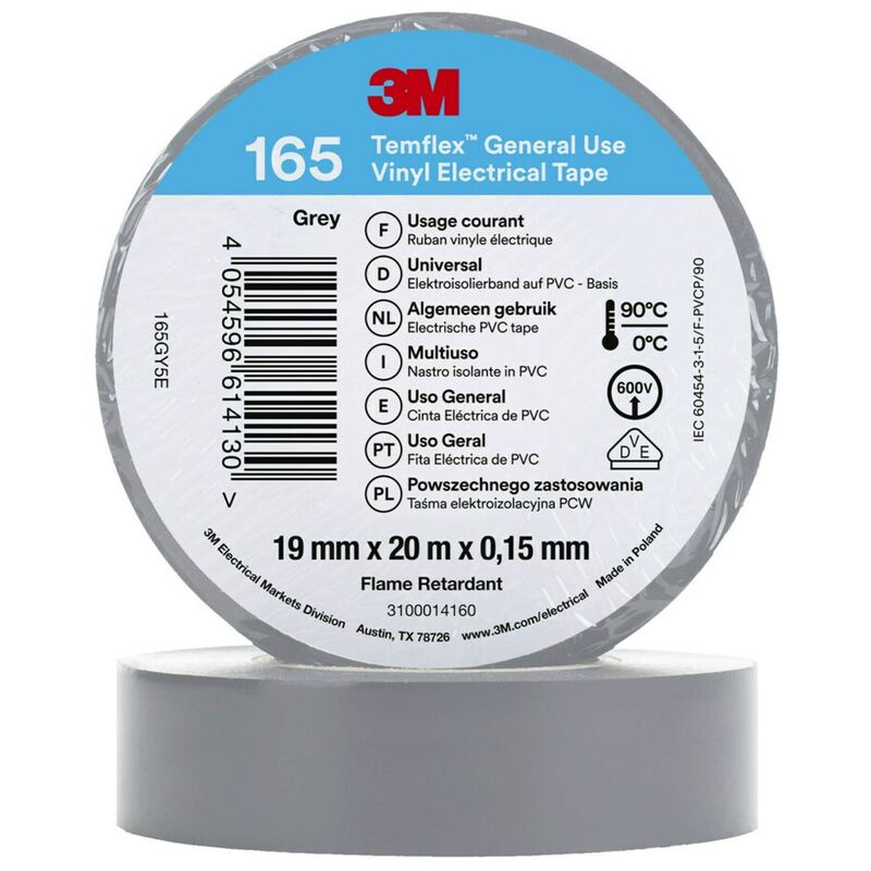 Electrical Tape 3M Temflex 165 Vinyl 19mm x 20m Grey Electrical Tape 3M Temflex 165 Vinyl 19mm x 20m Grey