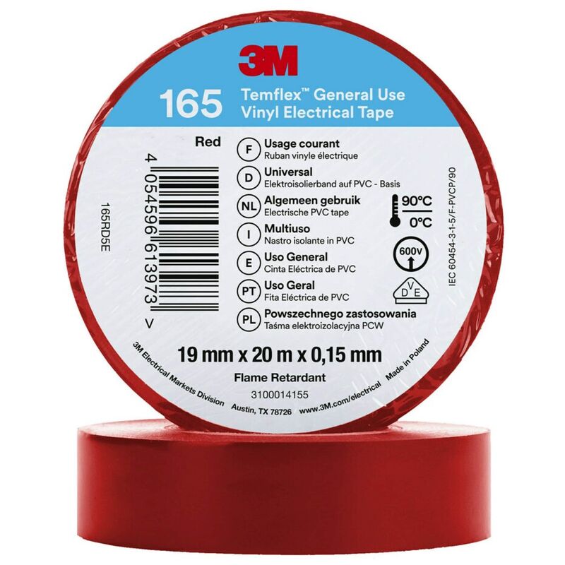 Electrical Tape 3M Temflex 165 Vinyl 19mm x 20m Red Electrical Tape 3M Temflex 165 Vinyl 19mm x 20m Red