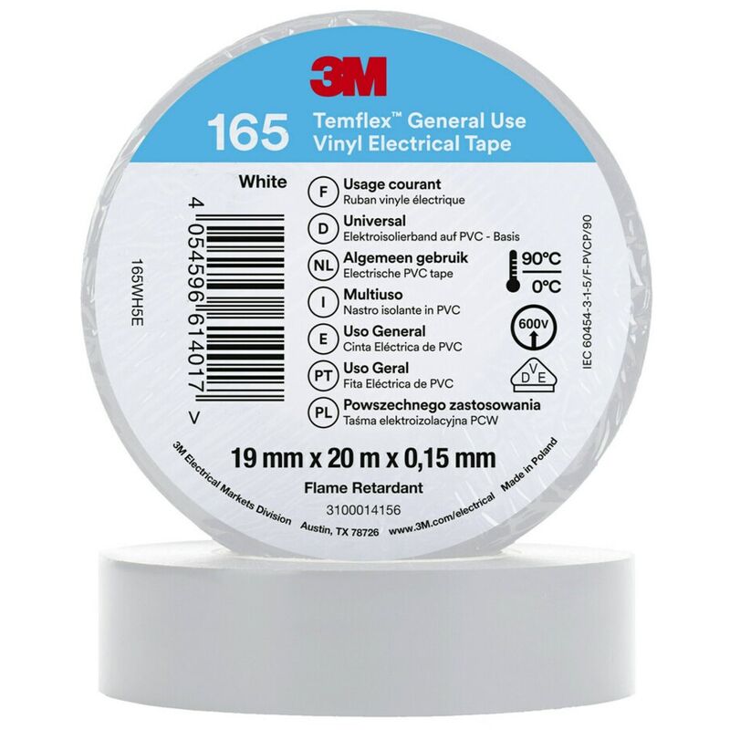 Electrical Tape 3M Temflex 165 Vinyl 19mm x 20m White Electrical Tape 3M Temflex 165 Vinyl 19mm x 20m White