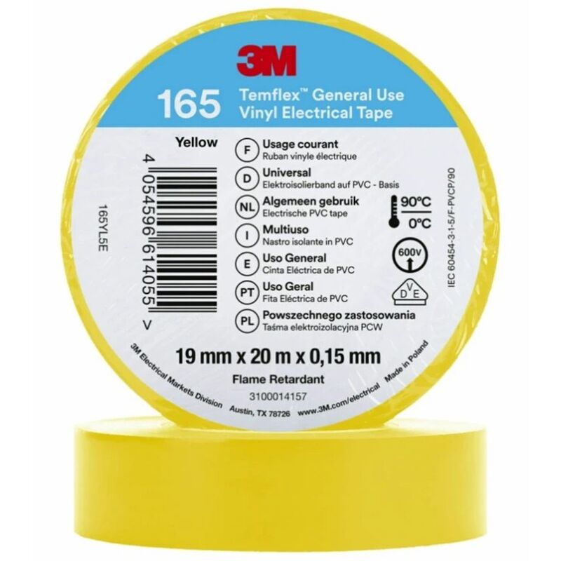 Electrical Tape 3M Temflex 165 Vinyl 19mm x 20m Yellow Electrical Tape 3M Temflex 165 Vinyl 19mm x 20m Yellow