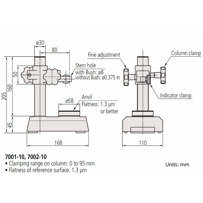 Mitutoyo Dial Indicator Stand With 58mm Flat Round Anvil 95mm Range 700210